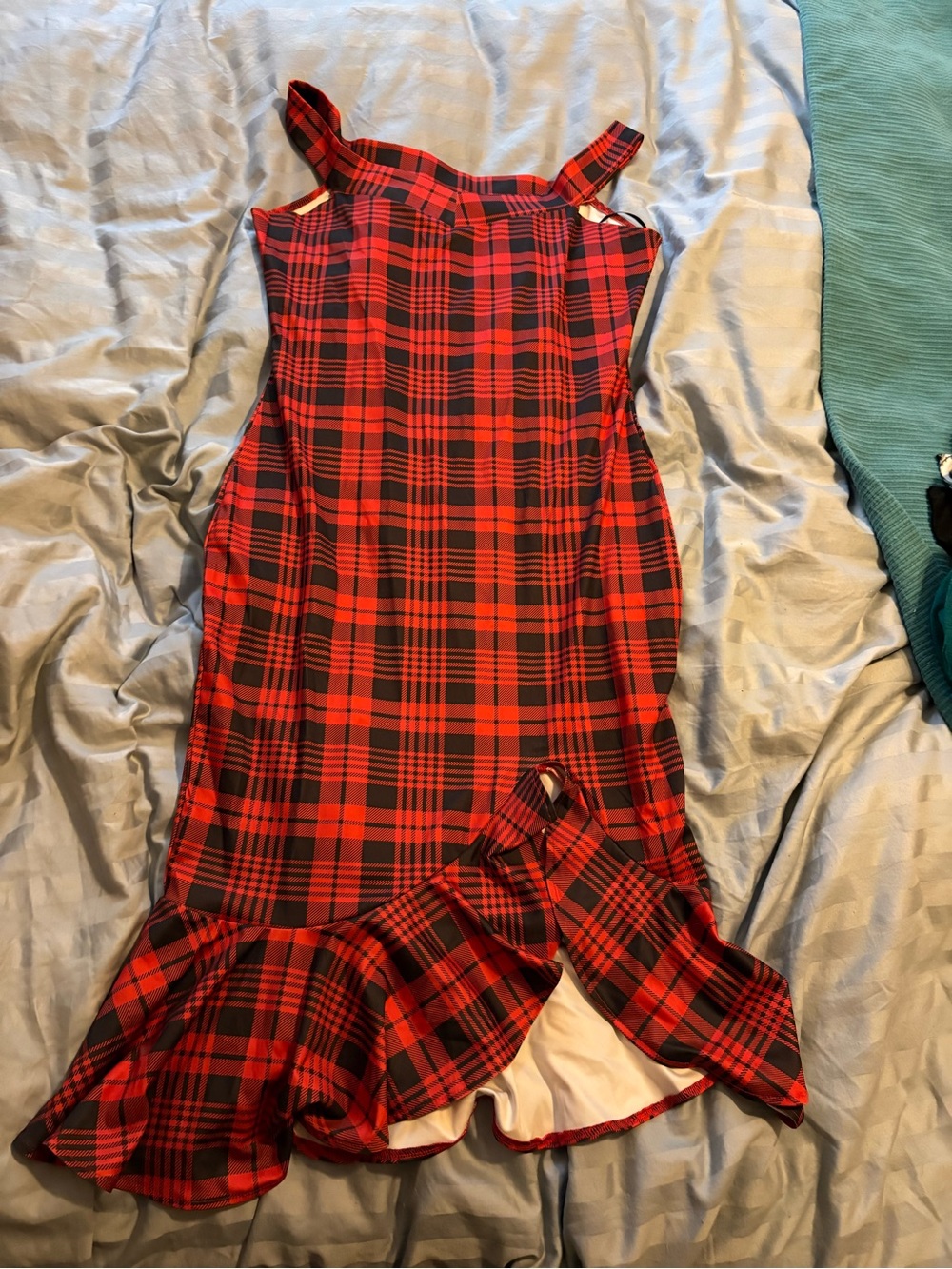 Red black buffalo plaid ruffled dress holidays Christmas Chicme XL